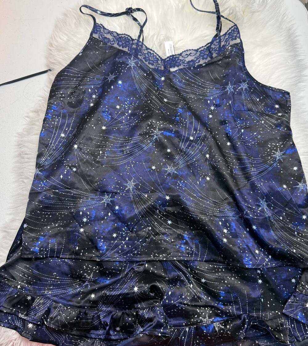 Adore Me Luana Galaxy Star Print Satin Cami Shorts Pajama Set XL Lace Ruffle